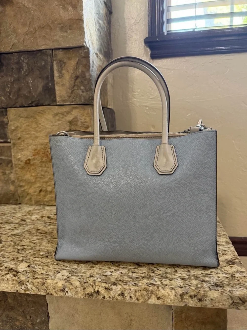 Michael Kors Pale Blue Leather Crossbody Tote with Cream Trim